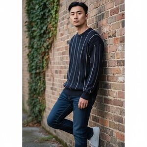 Saratoga Robert Peritz Men’s Crewneck Sweater L Blue White Striped New